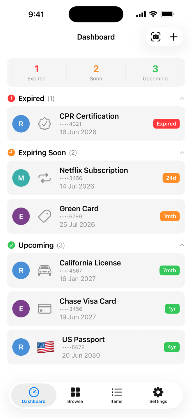 Hexpiry dashboard showing items grouped by expired, expiring soon, and upcoming