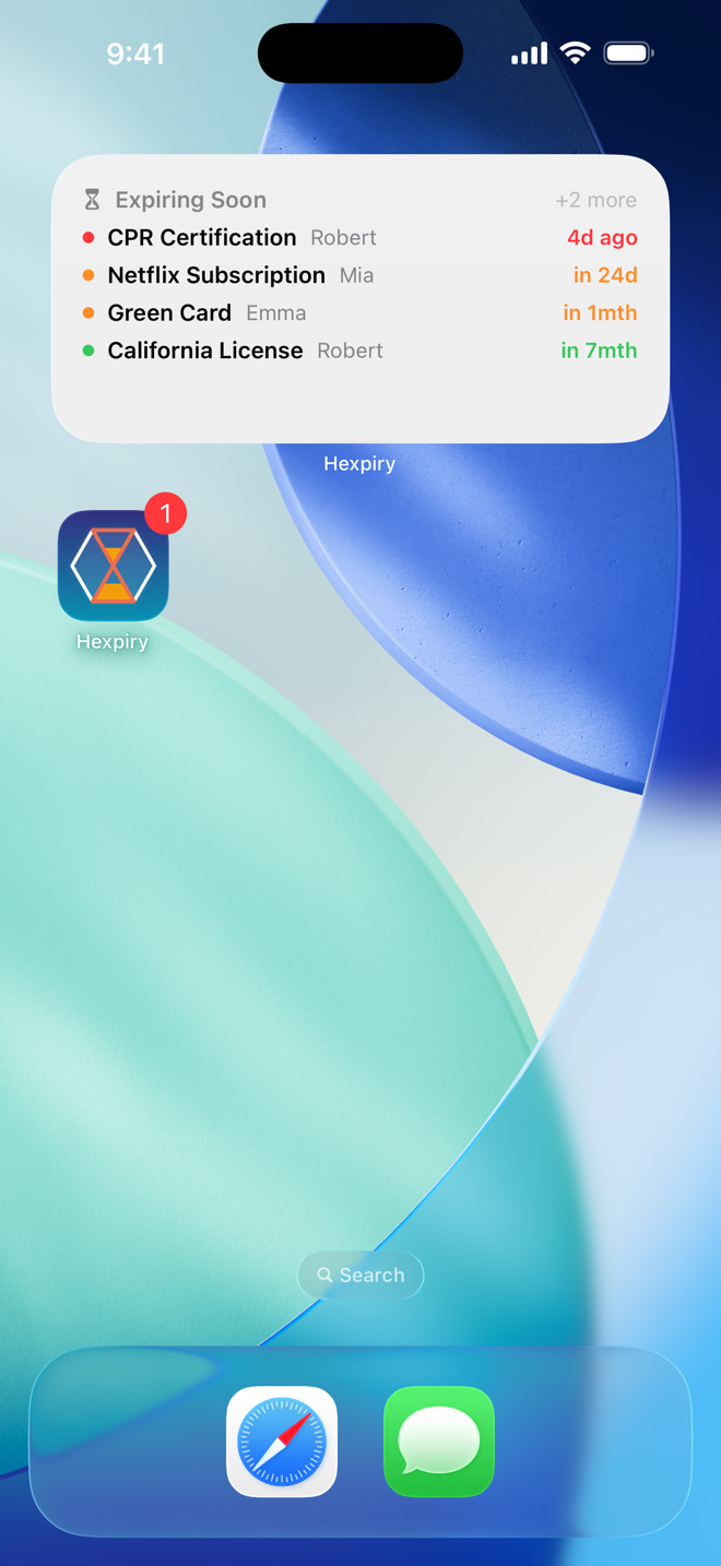 Hexpiry home screen widget showing the next expiries